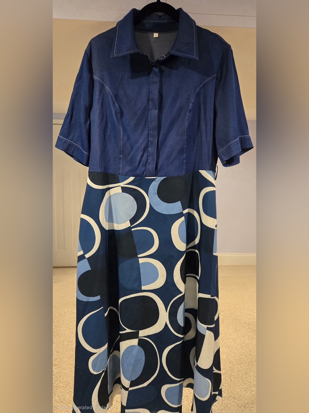 Classic Navy Midi Dress with Geometric Print Skirt
